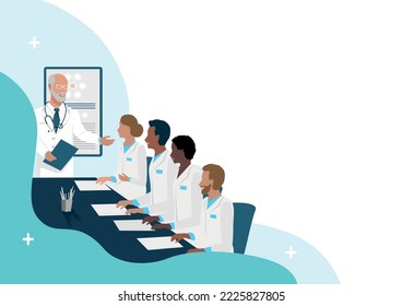 A team of doctors confer, study, hold a conference, training or cosilium. Vector illustration isolated on white background.