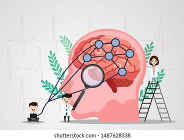 A team of doctors is diagnosing the brain.  Mental health concept. Solving mental problems. Psychotherapy and help.Flat vector illustration.