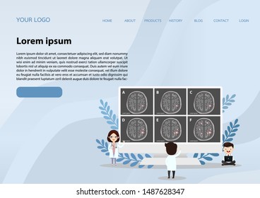 A team of doctors is diagnosing the brain.  Mental health concept. Solving mental problems. Psychotherapy and help.Flat vector illustration.