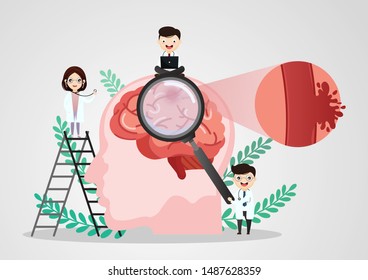 A team of doctors is diagnosing the brain.  Mental health concept. Solving mental problems. Psychotherapy and help.Flat vector illustration.
