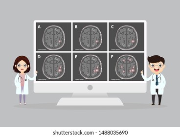 A team of doctors is diagnosing the brain.  Mental health concept. Solving mental problems. Psychotherapy and help.Flat vector illustration.