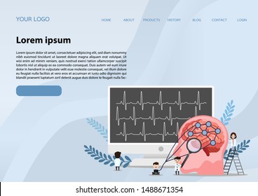 A team of doctors is diagnosing the brain.  Mental health concept. Solving mental problems. Psychotherapy and help.Flat vector illustration.