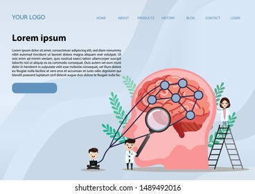 A team of doctors is diagnosing the brain.  Mental health concept. Solving mental problems. Psychotherapy and help.Flat vector illustration.