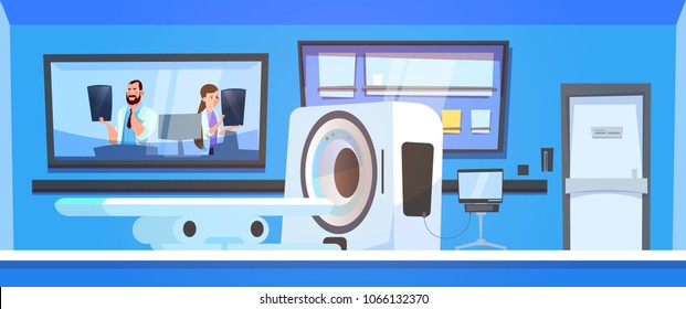 Team Of Doctors Examine Results Of Mri Scanning Over Machine Scanner Background