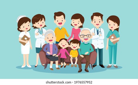 team Doctors and family on the sofa. Grandmother, grandfather, father, mother, childre,Staff,nurse