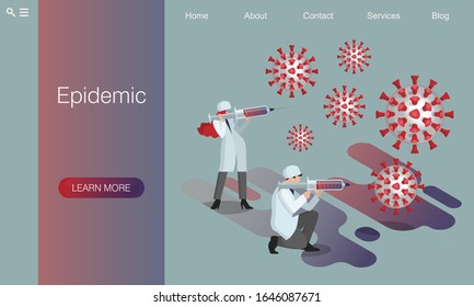 Team of doctors fight attacking giant coronavirus 2019-ncov. Vector flat cartoon. Exaggerated fantastic syringes as weapons. Flying coronavirus particles. Website concept, landing page design template