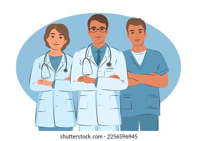 Equipo de doctores. Trabajadores médicos amables y atentos. Ilustración vectorial.
