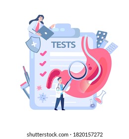 Team of Doctors Gastroenterologist Researching,Curing Stomach Ache.Gastroscopy Diagnostics.Gastric Catheter.Abdominal Clinic Consultation.Medical Hospital.Digital Service,Treatment.Vector Illustration