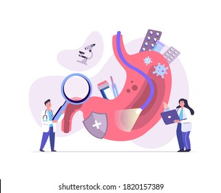 Team of Doctors Gastroenterologist Researching,Curing Stomach Ache.Gastroscopy Diagnostics.Gastric Catheter.Abdominal Clinic Consultation.Medical Hospital.Digital Service,Treatment.Vector Illustration