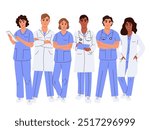 Team of doctors, group medical portrait. Set of diverse doctors characters. Male and female medical workers - doctors, physicians, paramedics, nurses isolated on white background.
