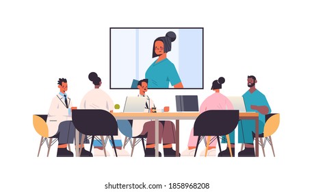 team of doctors having video conference mix race medical professionals discussing at round table medicine healthcare concept horizontal full length vector illustration