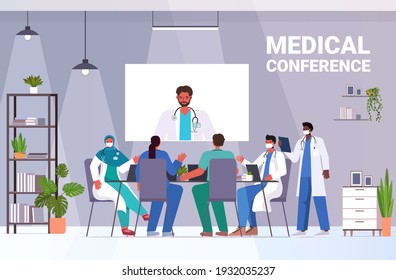 team of doctors having video conference mix race medical specialists discussing at round table medicine healthcare concept horizontal full length vector illustration