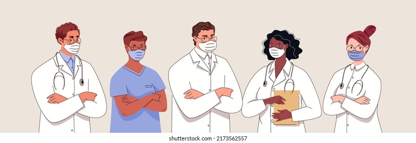 Team Of Doctors, Healthcare Concept. Young Medical Specialists, Men And Women Of Different Nationalities In Uniform And Masks With Documents And Stethoscopes. Close Layer, Physicians Smiles. Vector.