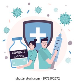 Team of doctors holding tube and syringe with injection from coronavirus. Medical workers vaccinating people. People with of antiviral drug against covid-19. Time to vaccinate. Vector illustration