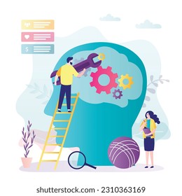 Equipo de doctores con instrumentos para arreglar y reparar el cerebro. Un grupo de psicólogos o psiquiatras reparan la mente del paciente con herramientas. Recuperación de la salud mental. Prevenir y curar los trastornos mentales. vector plano