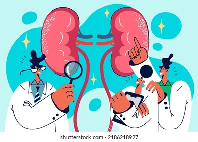 Team of doctors look at examine patient body organ. Medical specialists discuss client treatment in hospital. Healthcare and teamwork. Vector illustration. 