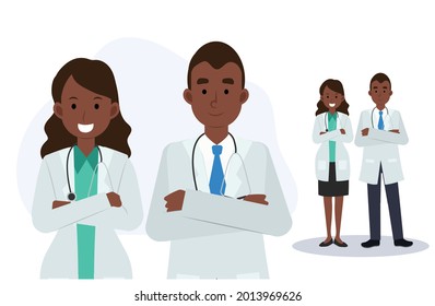 Team of doctors. Male and female doctors. African american doctors. medical staff, Flat vector cartoon character illustration.