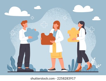 Team of doctors. Man and women in medical coats with puzzles. Specialists make diagnosis and choose method of treatment. Healthcare poster or banner. Cartoon flat vector illustration