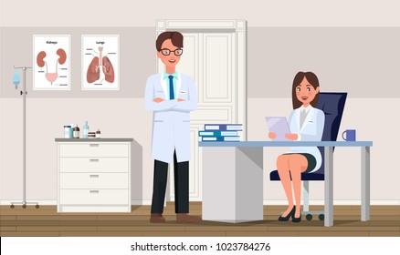Team doctors in the medical center interiors. Vector illustration in flat style. Male doctor, female doctor. Medical center. Hospital. Vector illustration.