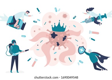 Team of doctors, medical staff and scientists stops spread of coronavirus and disease. Vaccine search,quarantine measures. Health care concept. Global pandemic Covid-19. Flat Vector illustration