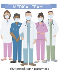 A team of doctors and medical workers in uniform. Wearing medical respiratory masks to protect against viruses and infections. The concept of medical care and assistance to people. Vector 