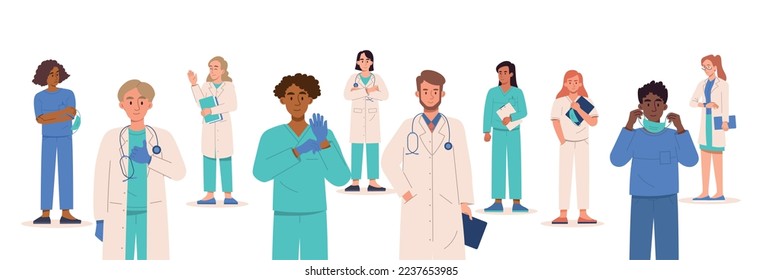 Team of doctors. Men and women in medical gowns, masks and gloves. Specialist collection, pandemic. Diagnosis and treatment concept. Cartoon flat vector illustrations isolated on white background