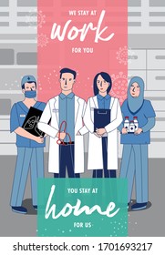 Equipo de médicos y enfermeras con antecedentes hospitalarios. Ilustración vectorial en estilo 2D plano y mensaje de permanecer en casa.