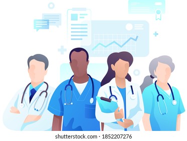 Team of doctors and nurses man and woman with stethoscopes on the background of medical icons and elements. Modern flat illustration