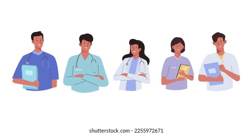 Team doctors and nurses on a white background. Medical personnel characters in uniform. Vector illustration in flat style