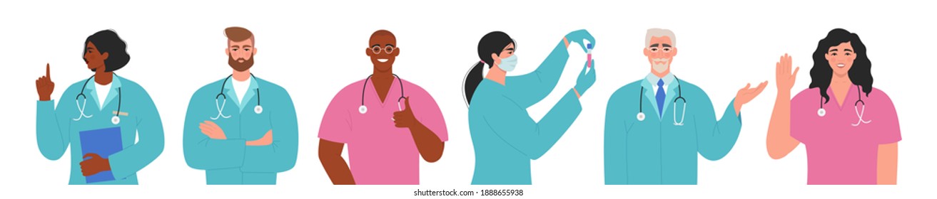 Team of doctors and nurses. Professional healthcare workers set. International group of male and female doctor characters. Medical staff. Flat vector illustration isolated on white background