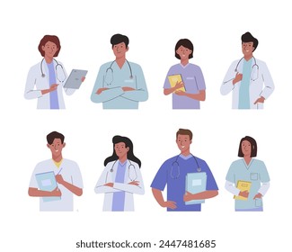 Team doctors and nurses set on a white background. Medical personnel characters in uniform. Flat cartoon isolated vector illustration