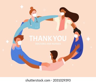 Team of doctors and nurses standing in circle, flat illustration. Concept of thanking medical professionals for their all around support in covid-19 outbreak.