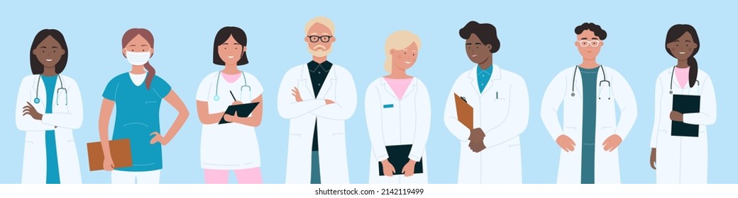 Team of doctors and nurses standing together. Crowd of brave male and female hospital workers wearing masks and medical uniform flat vector illustration. Profession, healthcare, medicine concept