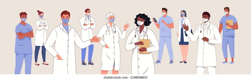 Team of doctors, nurses. Surgeon, pharmacist, laboratory assistant, therapist with stethoscope, smiling under mask. Vector symbols on isolated white background. Illustration in flat cartoon style.