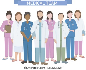 A team of doctors and nurses in uniform, hospital medical staff with stethoscopes in different positions.  The concept of medical care and assistance to people. Vector flat illustration.