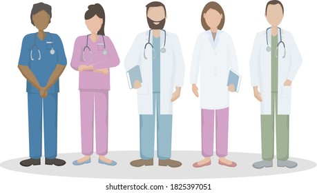 A team of doctors and nurses in uniform, hospital medical staff with stethoscopes in different positions.  The concept of medical care and assistance to people. Vector flat illustration.