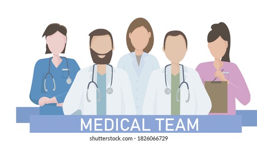 A team of doctors and nurses in uniform, hospital medical staff with stethoscopes in different positions.  The concept of medical care and assistance to people. Vector flat illustration.