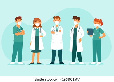 Team Of Doctors And Nurses Wearing Medical Mask. Healthcare And Medical Staff Concept.