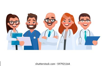 Team of doctors on isolated background. Medical workers. Vector illustration in cartoon style