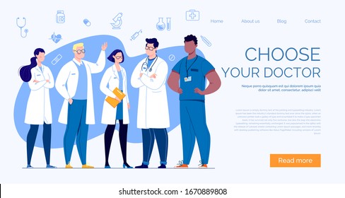 A team of doctors on a template for a website or landing page.