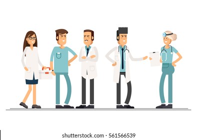 Team doctors on a white background. Female and male medical staff. Vector illustration in flat style