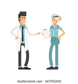 Team doctors on a white background. Doctor and a nurse. Vector illustration in flat style