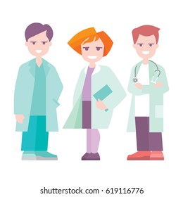 Team doctors on a white background. Vector illustration in cartoon style
