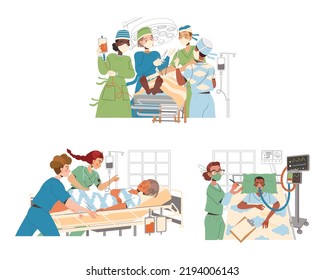 Team doctors in the operating room with patients. Intensive therapy clinic vector illustration
