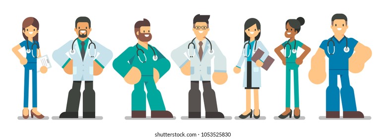 Team of doctors and other hospital workers stand together. Vector people illustration in flat style isolated on white background.