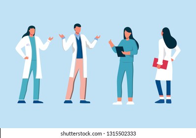 Team of doctors and other hospital workers stand together. Vector people illustration set. 