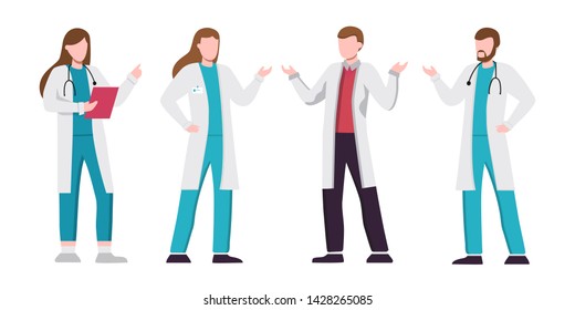 Team of doctors and other hospital workers stand together. Vector people illustration set. Healthcare services, Ask a doctor. Therapist in uniform with stethoscope. Gynecologist  and urologist.