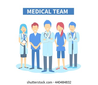 Team of doctors and other hospital workers stand together. Vector stylish illustration isolated on white background.