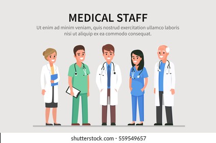 
Team of doctors and other hospital workers stand together. Vector people illustration isolated with text place.