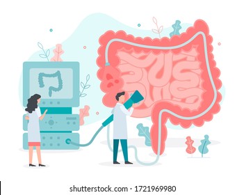 A team of doctors performs colonoscopy, diagnostics of the intestine. Bowel health. Medical concept with tiny people. Flat vector illustration.